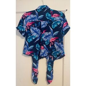 XS Lily White Blue and pink flamingo short sleeve button up shirt